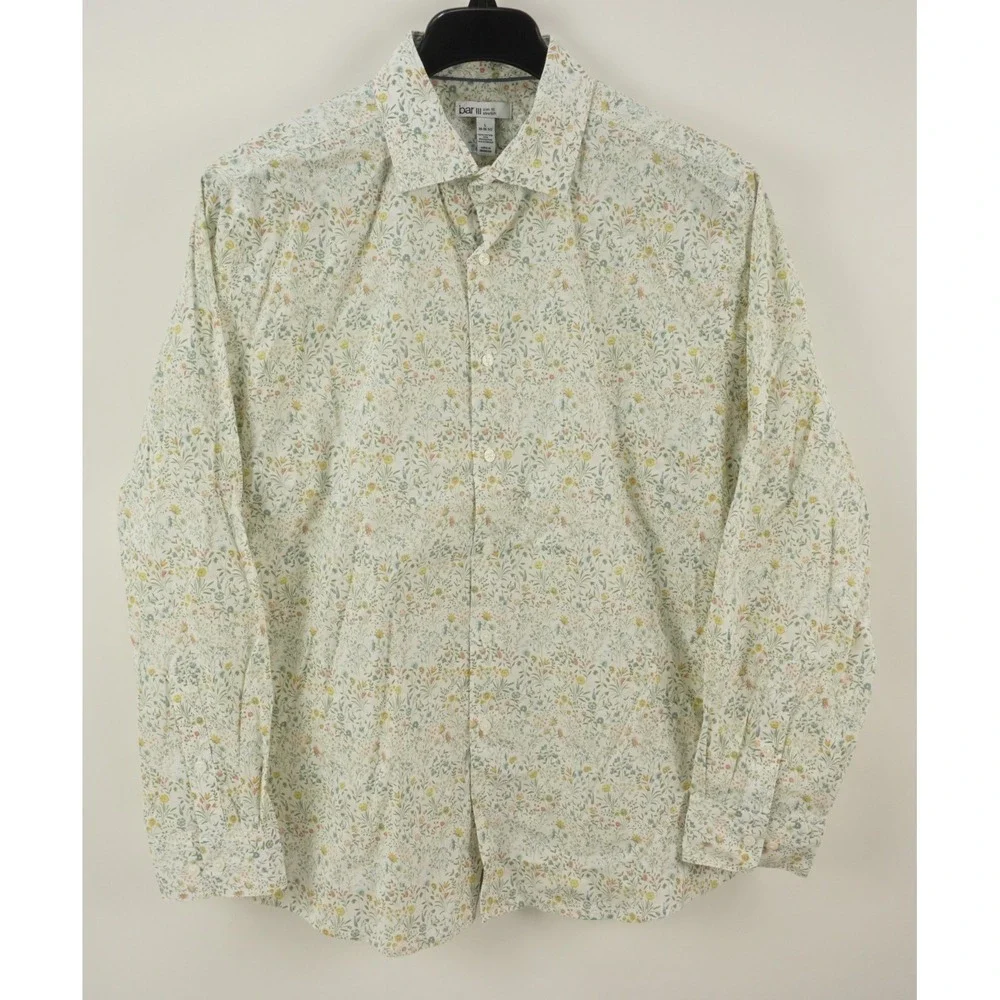 New Bar III Performance‎ Slim Stretch White Floral Button Up Shirt Men's Large
